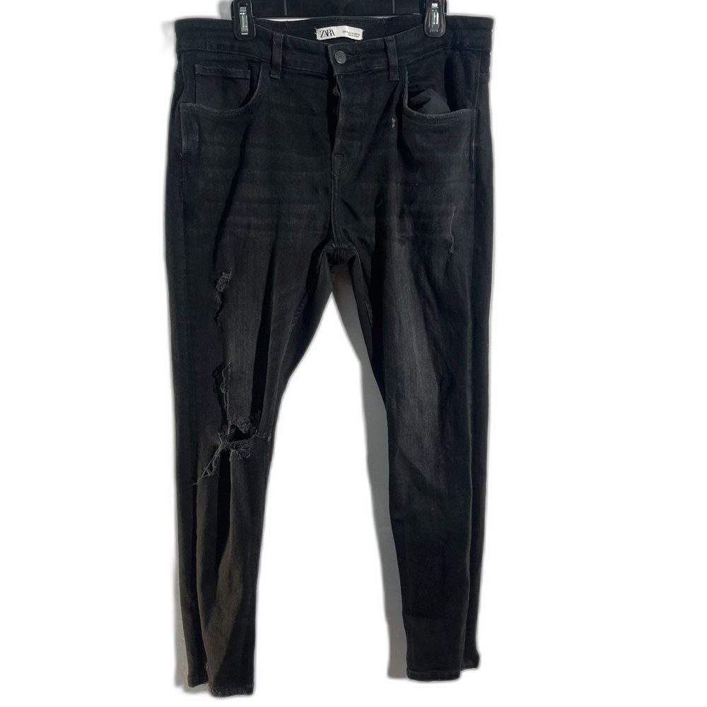 ZARA Black Denim High Waist Slim Fit Distressed Ripped Skinny Jeans 34